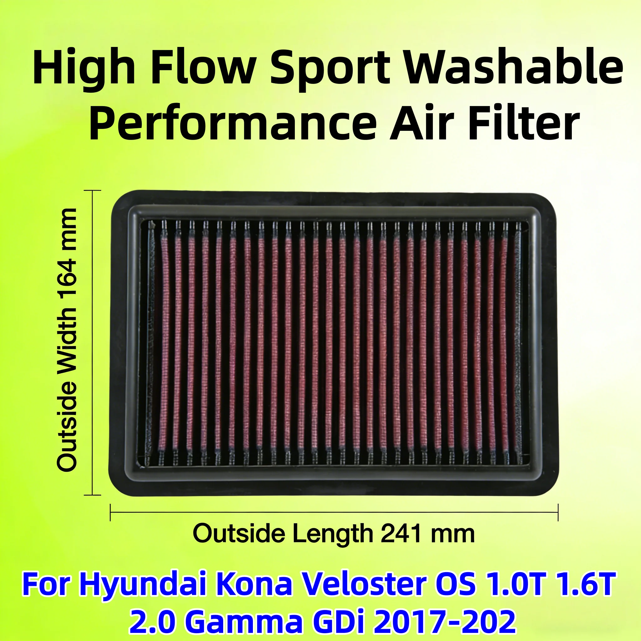 

For Hyundai Kona Veloster OS 1.0T 1.6T 2.0 Gamma GDi 2017-2023 High Flow Sport Washable Performance Panel Air Filter Replacement
