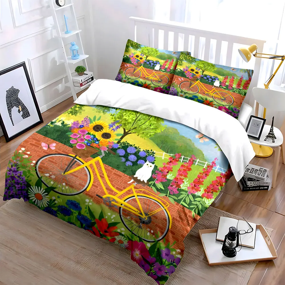 Yellow bike with flowers and white cat Pattern Duvet Cover Set Digital Print Colorful Polyester Bedding with Zipper Closur
