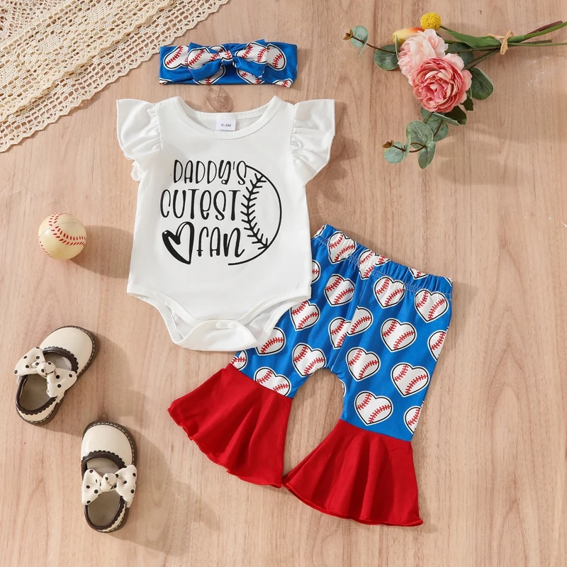 

My First Baseball Season Baby Girl Outfit Daddy s Cutest Fan Bodysuit Baseball Flared Pants 3Pcs Cute Summer Clothes