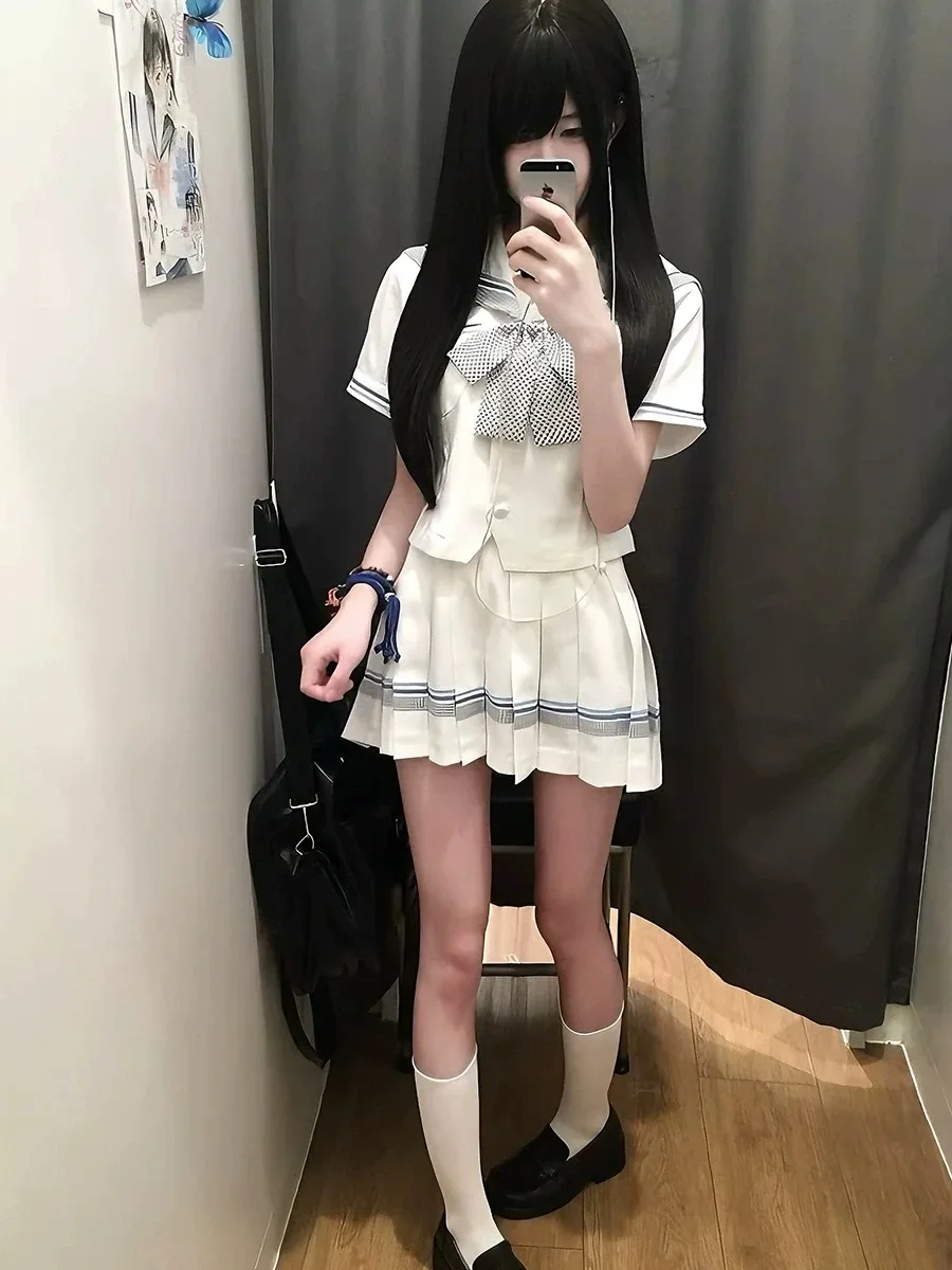 

Оригинальный комплект белого матросского костюма для женщин ort Sve, плиссированная юбка, школьная orm Sle, летняя коллекция, прямые брюки