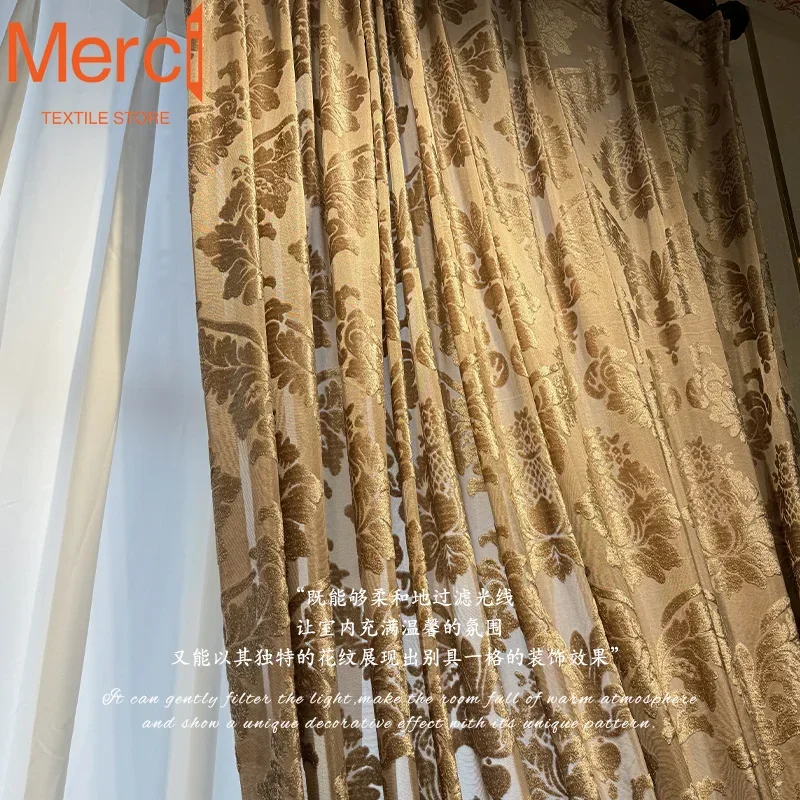 French Golden Hollow Tulle Suede Jacquard Curtains Modern Light Luxury Villa Curtains for Living Dining Room Bedroom Custom