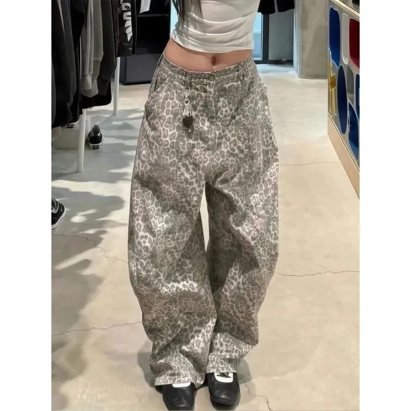 

Women's Leopard Print Jeans 2026 Spring Summer New High Waist Draped Sickle Pants Casual Loose Lazy Style Trousers