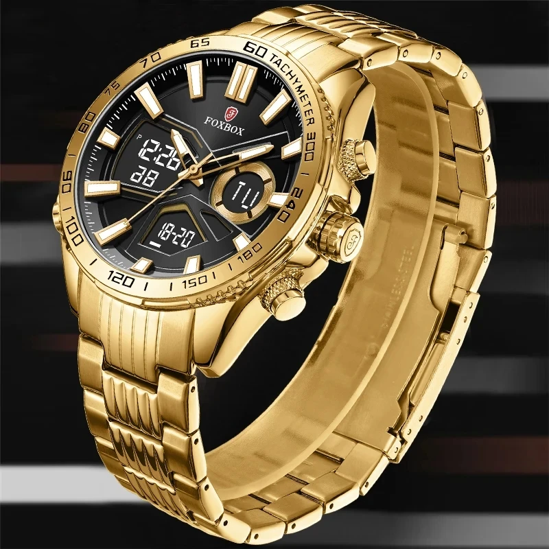 2024 FOXBOX ساعات رقمية رياضية للرجال قوية مضيئة عرض مزدوج مقاوم للماء كوارتز ساعة اليد العسكرية Relogio Masculino