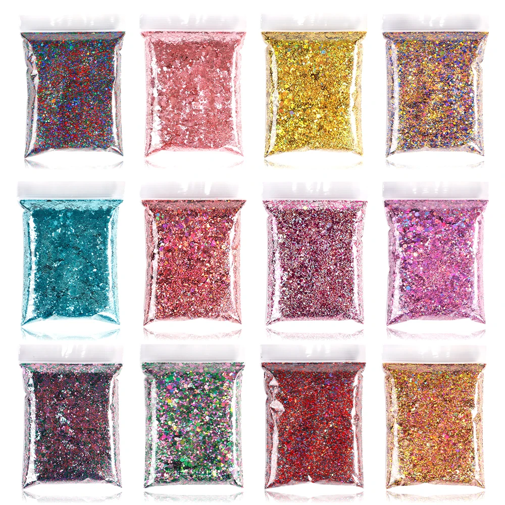 50G Holo Laser Roze Dikke Nagel Glitter Gemengd Zeshoek Pailletten Poeder Bulk Flash Flash Flash Flash Voor Gel Polish Diy Manicure Decoratie *