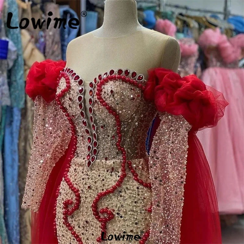 Elegant Arabic Red Evening Dresses Long Sleeve Ruffles Crystals Beaded Wedding Events Party Dress Long Mermaid Prom Gowns Robes