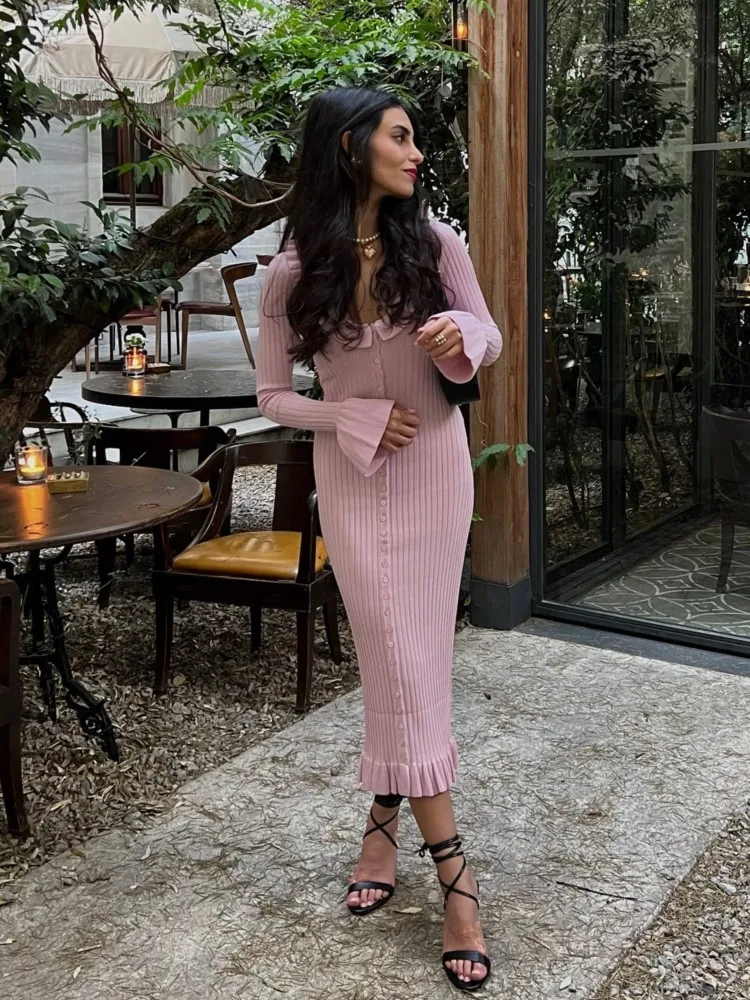 Robe plissée tricotée rose pour femmes, Chic, élégante, bord à volants, simple boutonnage, manches longues, Slim, mi-longue, nouvelle collection automne 2025