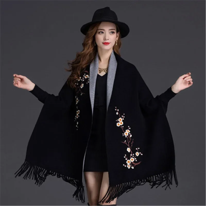 

2024 Female Tassel Knitted Scarf Winter Embroidered Plum Blossom Poncho Women Long Sleeve Wrap Vintage Air Conditioner Cape