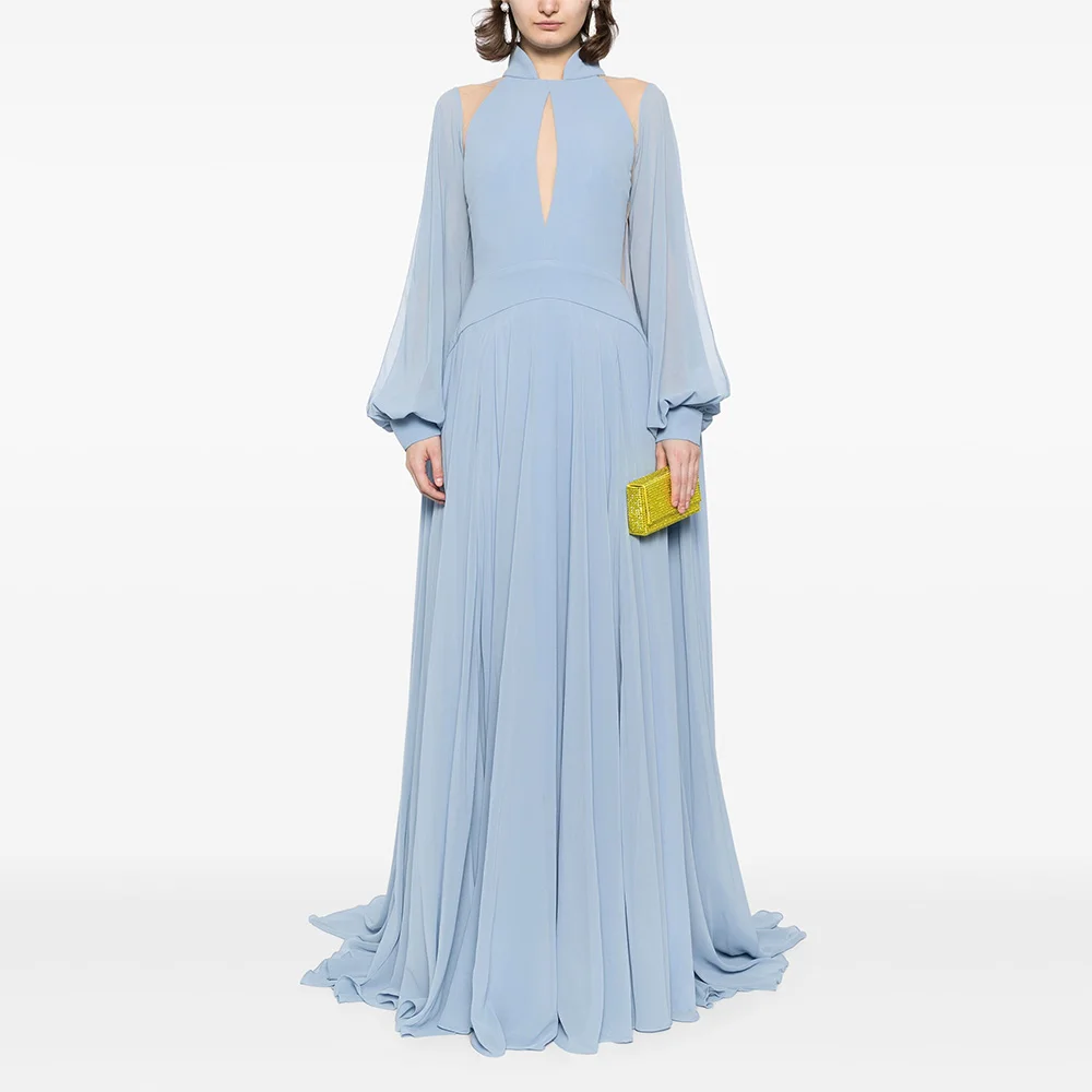 

Elegant Evening Dresses for Women 2025 High Collar Long Sleeves Evening Gowns 2026 A Line Cut-out Illusion Wedding Guest Dress