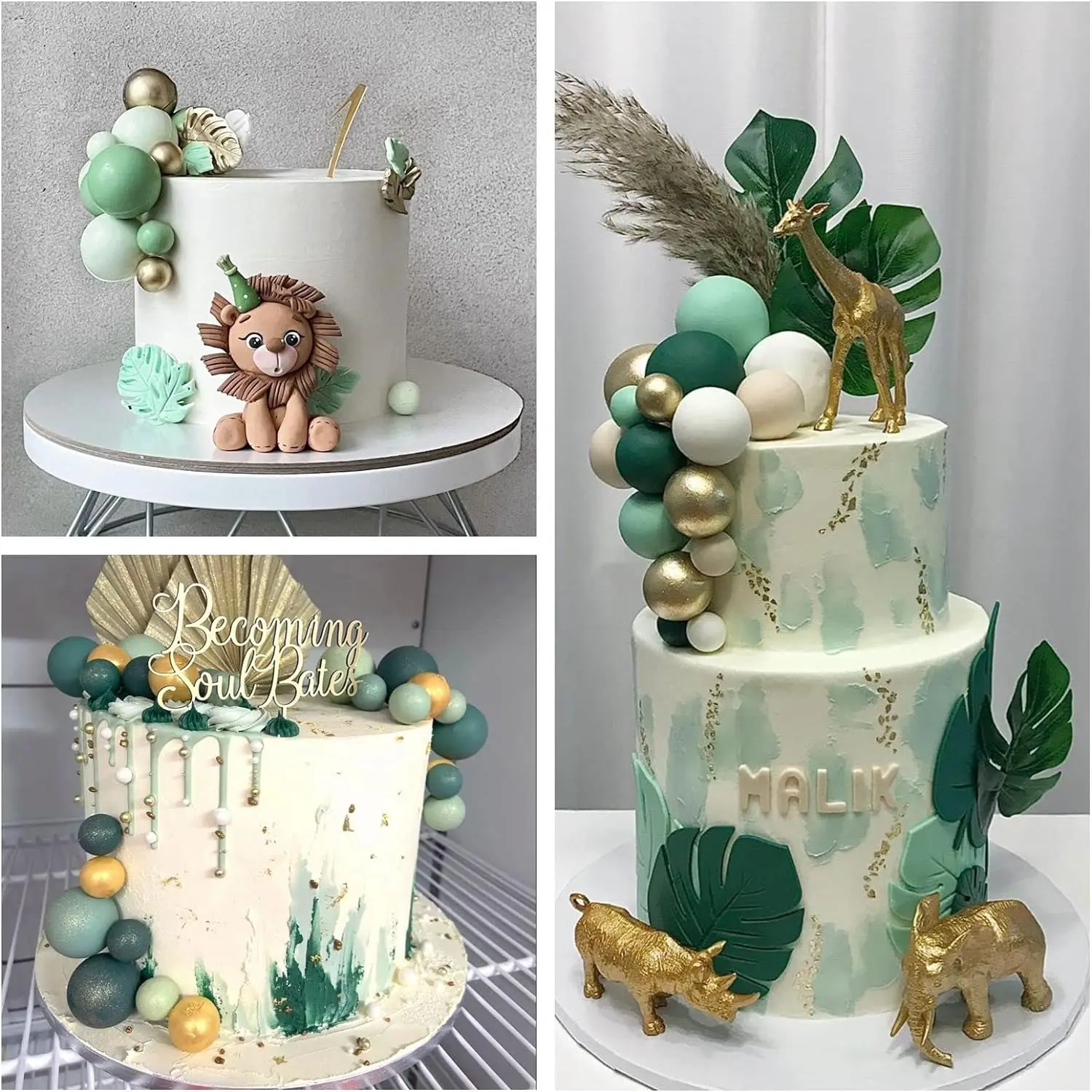 20Pcs Jungle Cake Decorations Green Balls Cake Toppers Pearl Dark Sage Green Ball Cake Topper Safari Baby Shower Birthday Decor view 6