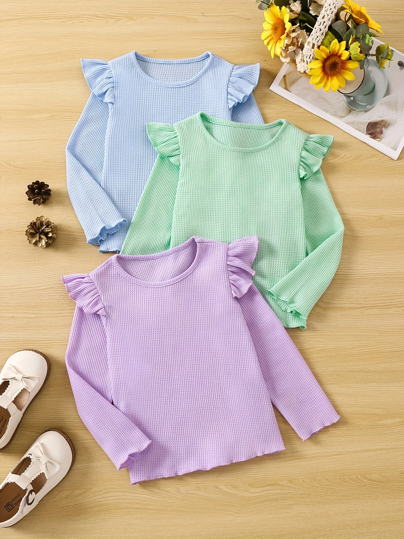 Autumn new casual simple comfortable cute girl three ruffled waffle knitted T-shirt Three-piece set