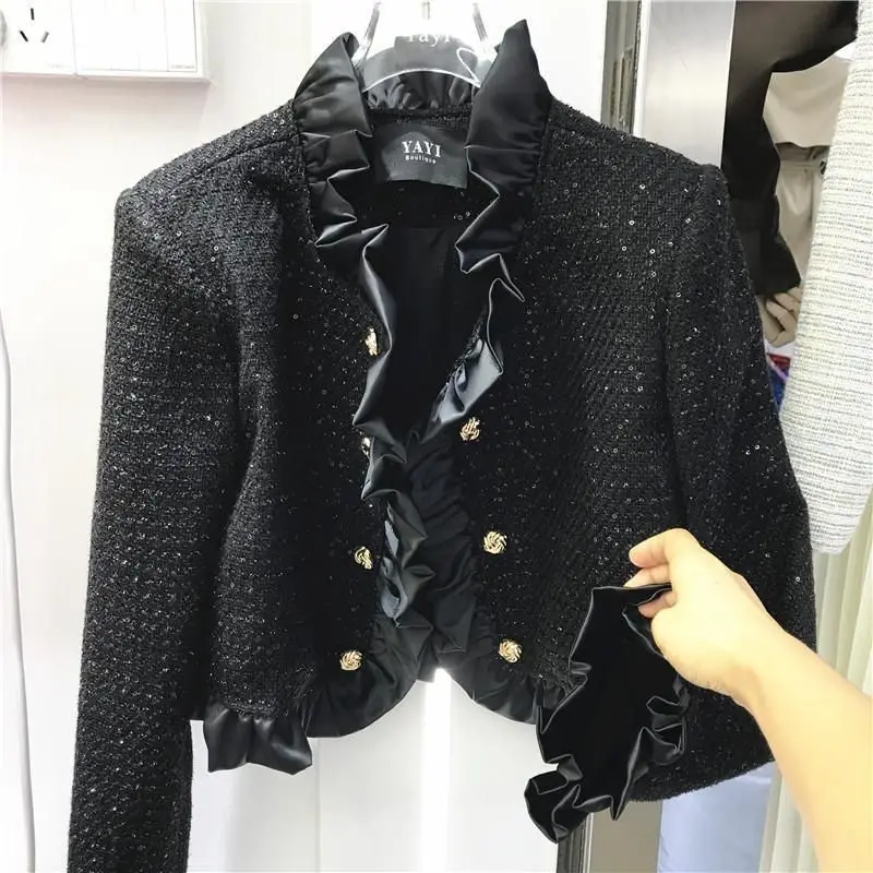 

Fashionable Small Fragrant Style Pleated Coarse Woolen Short Jacket 2024 Autumn Women's Double Breasted Woven Woolen Top