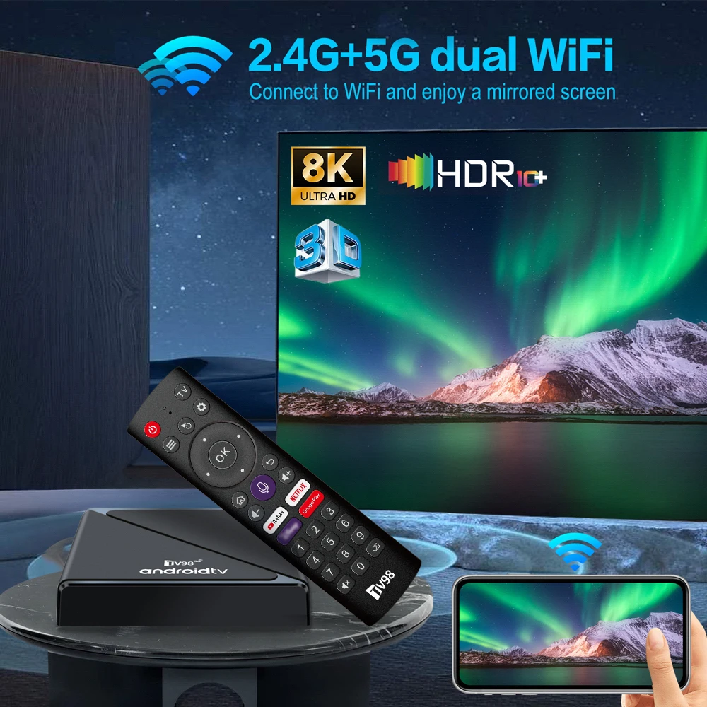 TV98 Androidtv TV Box Android 14 Set Top Box Allwinner H313 8K Vedio فك تشفير 4K HDR 10+ 2.4G 5G Dual WiFi BT 5.0 مشغل الوسائط