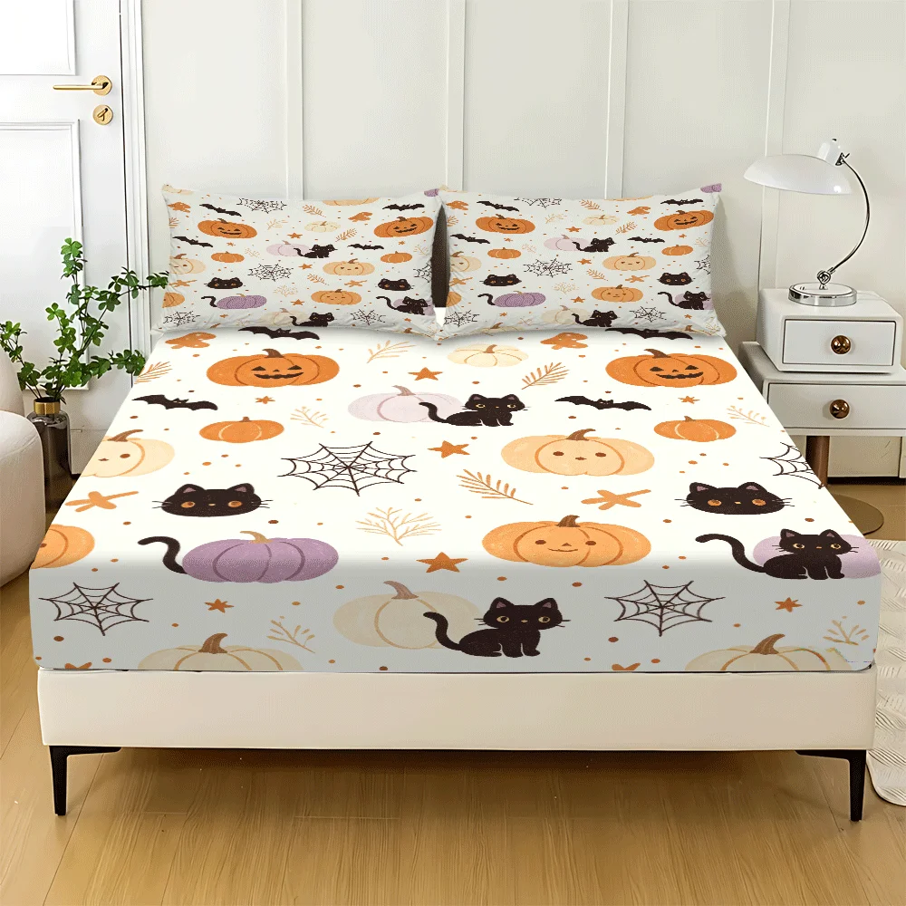 3-Piece Set, Economical and Wrinkle-Resistant 2D Printed Bedding Set, Elastic Fitted Sheet and 2 Pillowcases (Pillow Inserts Not Included), Machine Washable Mattress Protector, Fitted Elastic Style, Protective Cover, Mattress Protector, a Must-Have for Ambiance, Suitable for All Seasons, Machine Washable Design, Holiday Decoration, Various Sizes, Breathable Protective Cover Plus Pillowcase