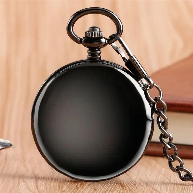 Antique Full Black Smooth Case Unisex Pocket Watch Skeleton Handwinding Mechanical Clock Double Hunter FOB Chain Roman Number