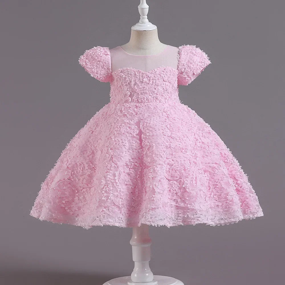 Kid Puff Sleeved Princess Style Lace Embroidered Dress Heart Shaped Neckline 3D Floral Tulle Girl Skirt Elegant Gown Children