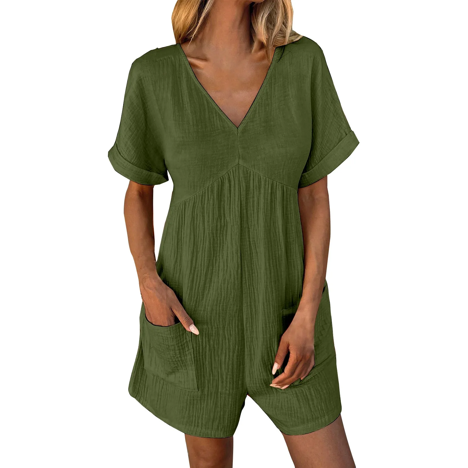 Jumpsuit Women Women Casual Summer Jumpsuit, V-neck And Pocket Pleated Short Sleeved Shorts, Smooth Bra Комбинезон Женский