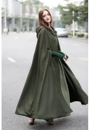 Winter Fashion Women Single Button Hooded Coat Hooded Cloak Hooded Cape Medieval Costumes Ponchos X-Long Gray Green Black Blue