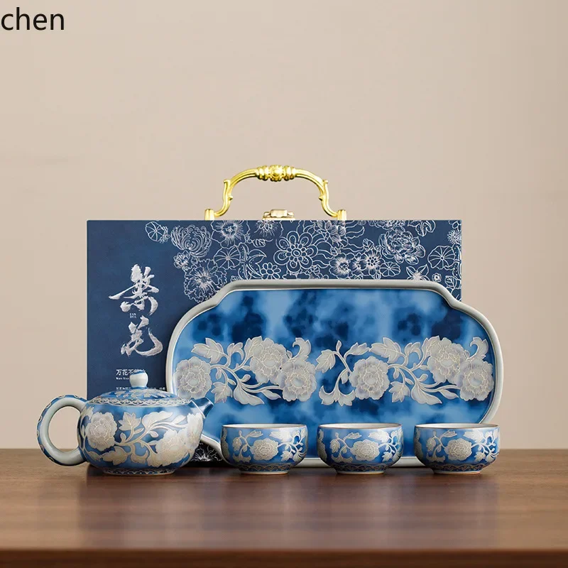 

O15- blue and white porcelain teapot and three cups tea set - premium gift set