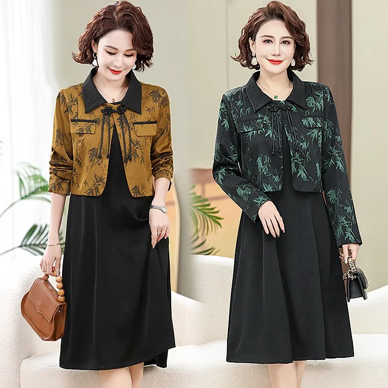 New Spring Autumn Long Sleeve Dress For Middle-aged Elderly Mothers Stylish Fashionable 2-piece Set