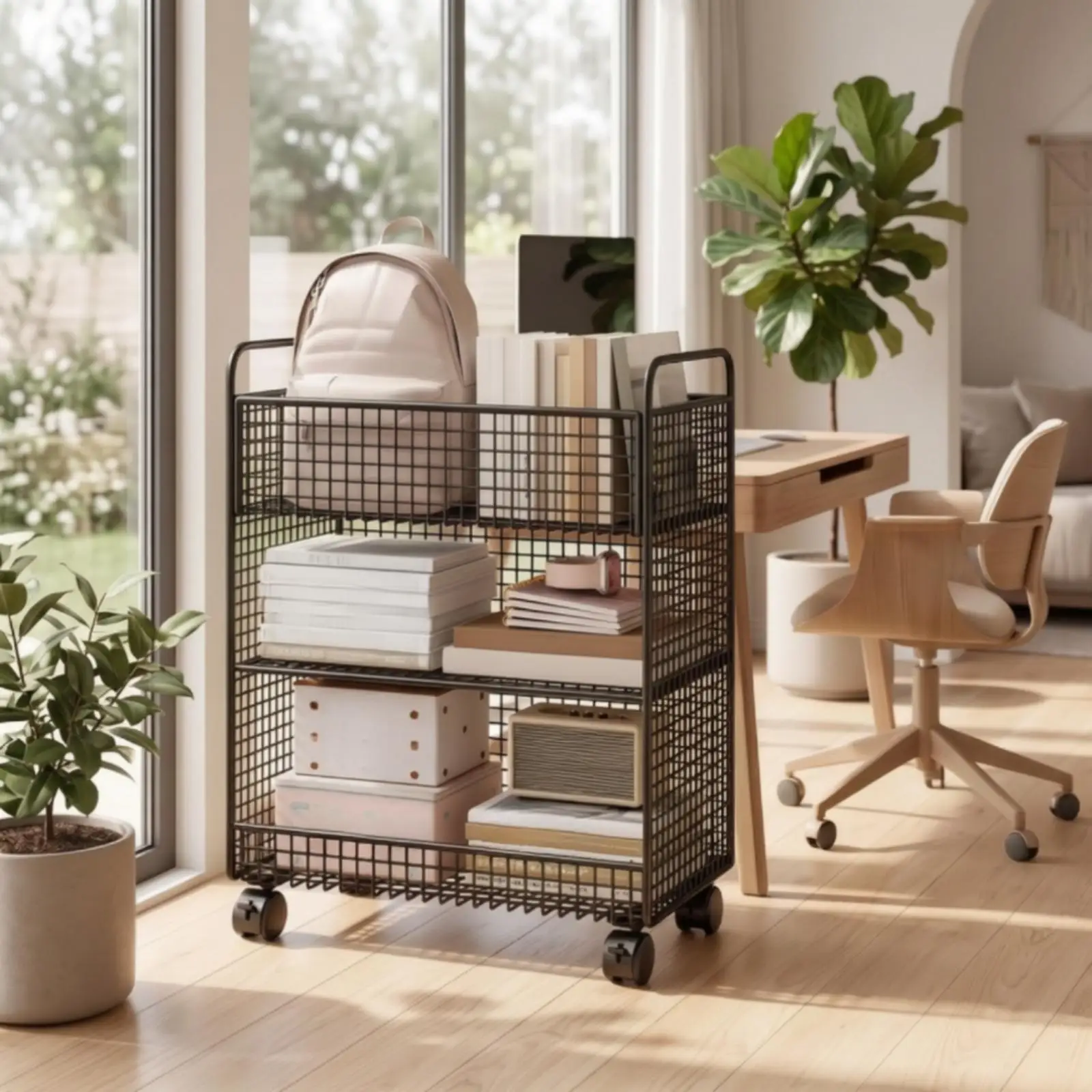 Freestanding Mesh Mobile Bookshelf with Wheels for Tight Spaces and Daily Use Organizer