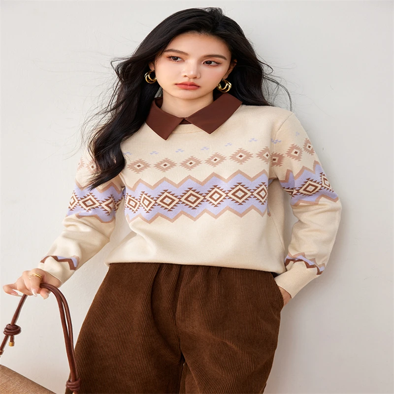 I BELIEVE YOU Lazy Fake Two Jacquard Wpmen's Sweater Winter 2024 New Polo Collar Knitted Cozy Pullovers Retro Lady TOP