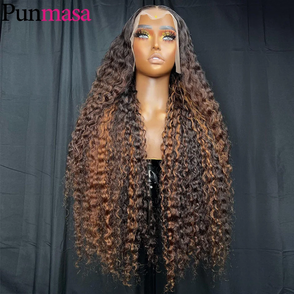 32 34" Highlight Brown 13x6 Deep Curly Lace Frontal Wig Ombre Brown Blonde Glueless 13x4 Transparent Lace Front Human Hair Wigs