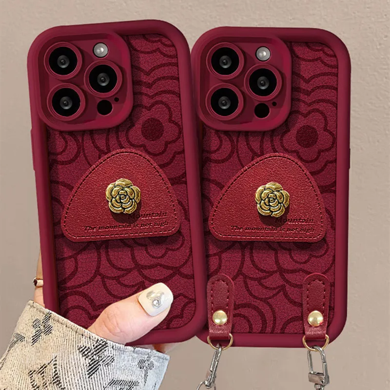 

Classic Retro Camellia Phone Case with Stands for IPhone 17 16 15 14 13 12 11 Pro Max 16 Plus 17AIR Lanyard Anti-drop Back Cover