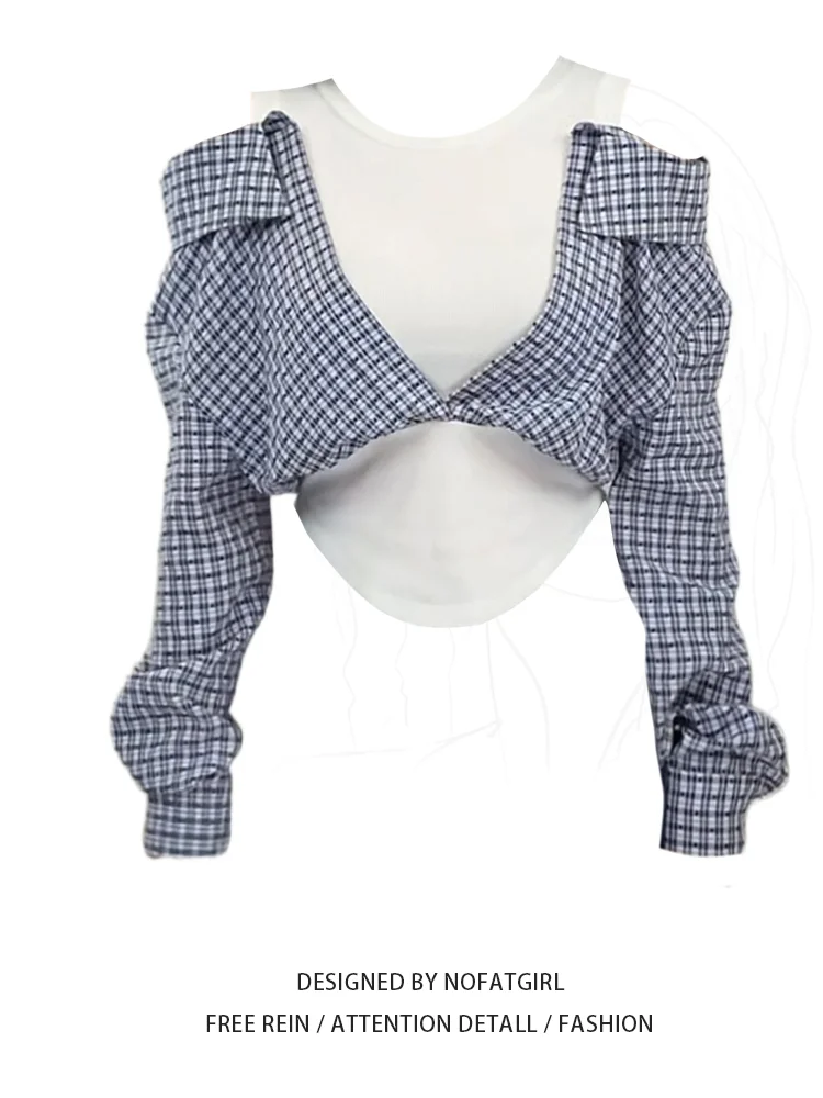 

Женские лоскутные синие клетчатые рубашки и блузки в Корейском стиле Kawaii Harajuku Y2k 90-х годов, винтажная рубашка с длинными рукавами 2000-х годов, одежда