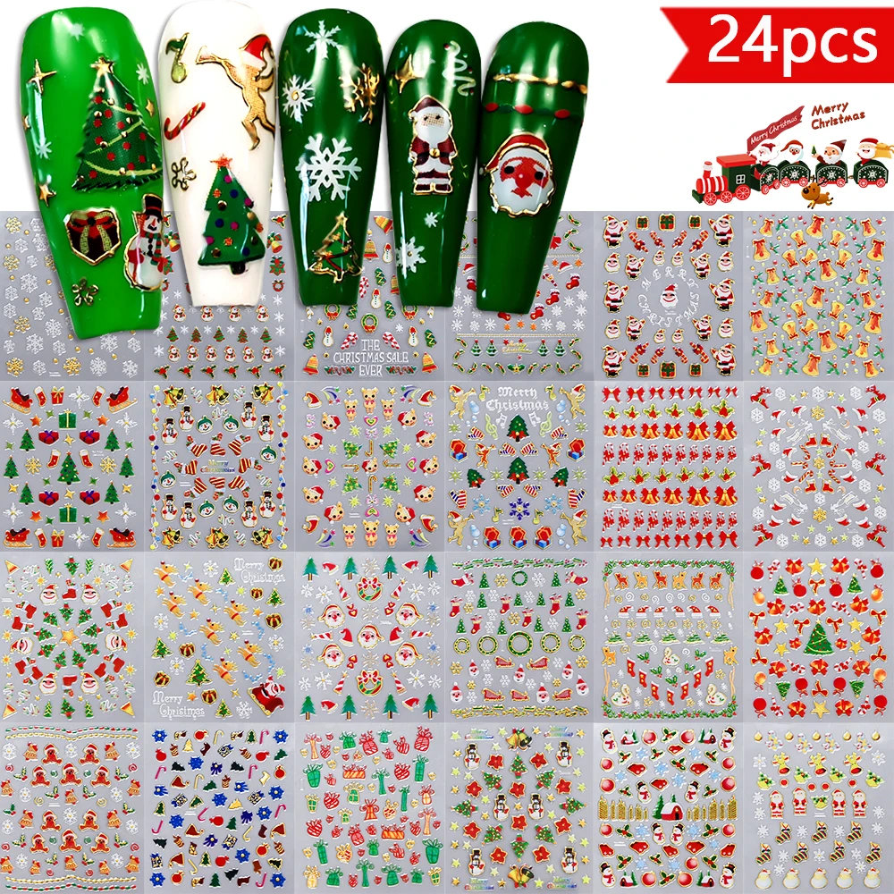 24pcs Cartoon 3D Santa Claus Snowman Nail Stickers Christmas Series Nail Art Decoration Snowflakes Leaves Stickers For Nails #NL