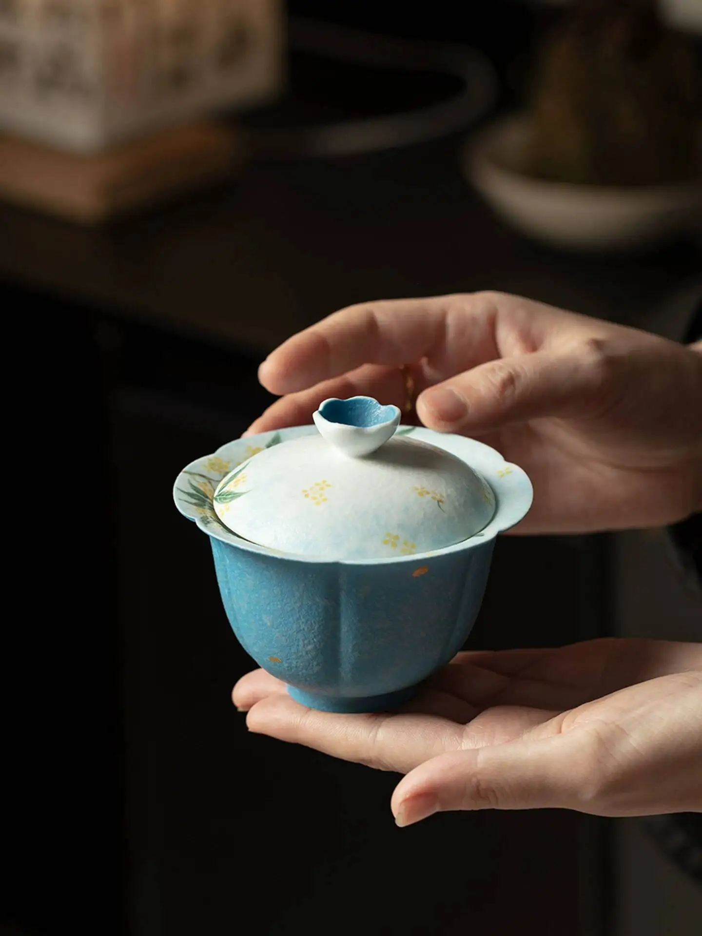 Lacquered Cup With Misty Blue And Golden Osmanthus Fragrance, Hand-Painted, Two-Piece Bowl For Home Use, New Chinese Style,