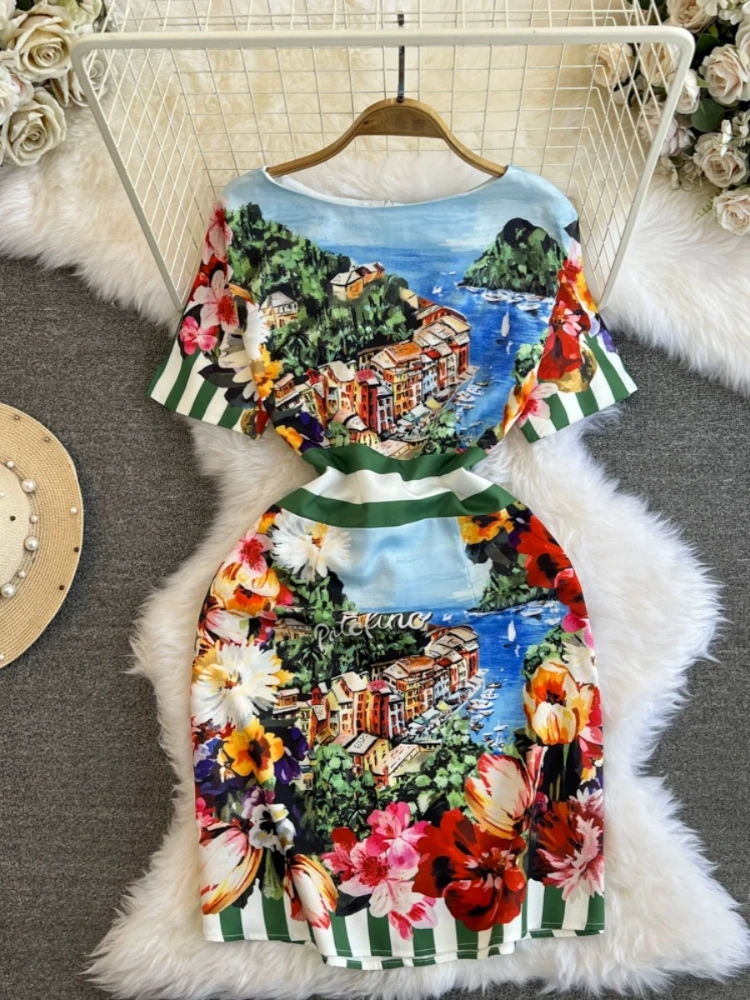 

Women Vintage Fashion Print Elegant Party Vacation Dress Summer Short Sleeved O-neck High Waist Slim A-line Dresses Vestidos