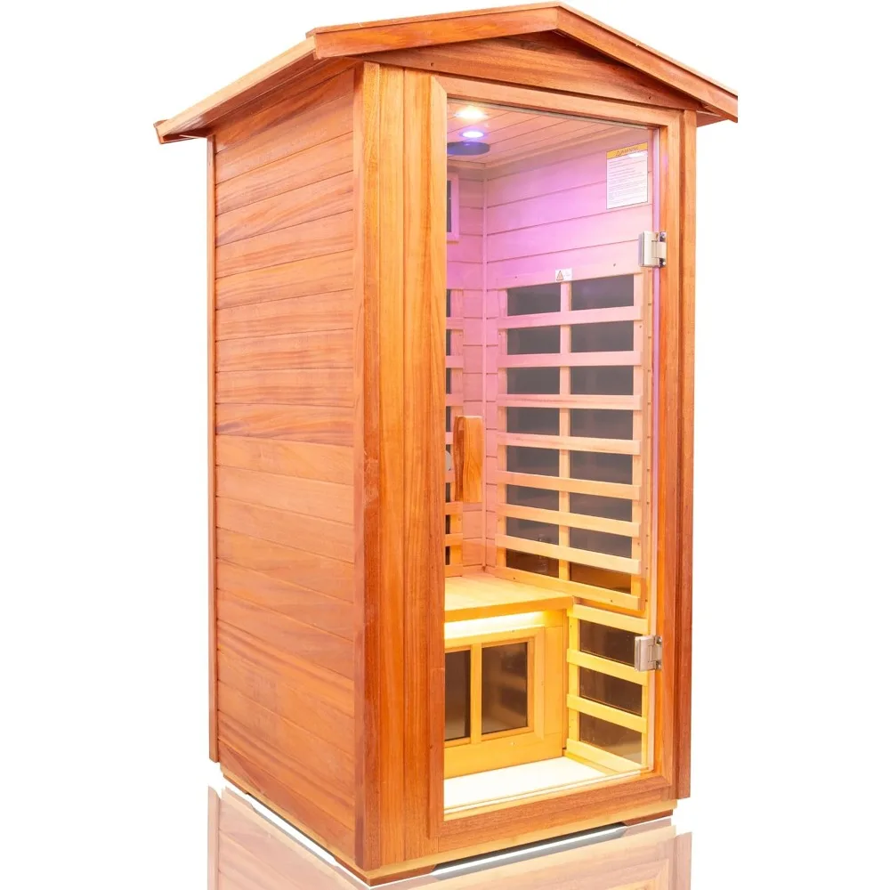 Outdoor Mahogany Sauna 1 Person, Low EMF Far Infrared Sauna for Home, Withstand Outdoor Temp -10℉-149℉, Bluetooth Speaker