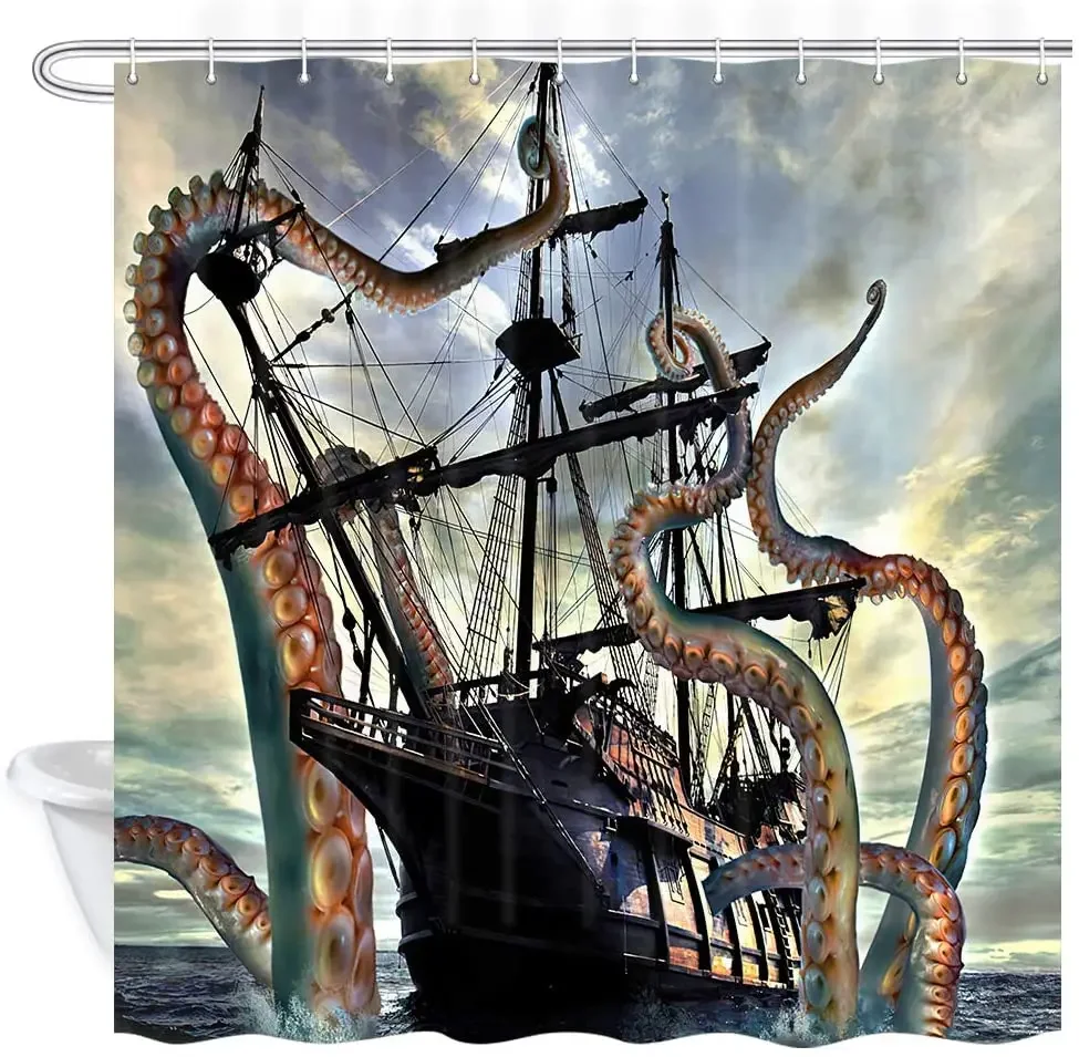 Octopus Kraken Ocean Theme Sea Life Giant Sea Monster Attacked The Sailing Ship Fabric Shower Curtain