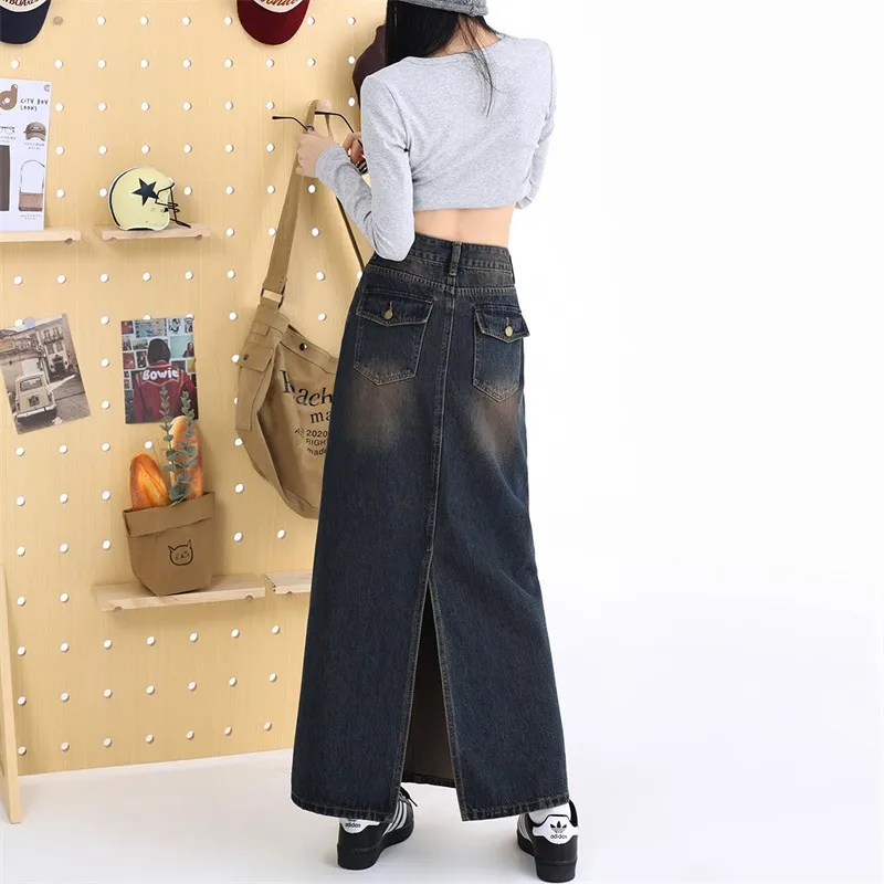 2024 Spring Summer New Split Workwear Denim Skirt Women's Fashion Versatile Slim High Waist A-line Skirt Mid length