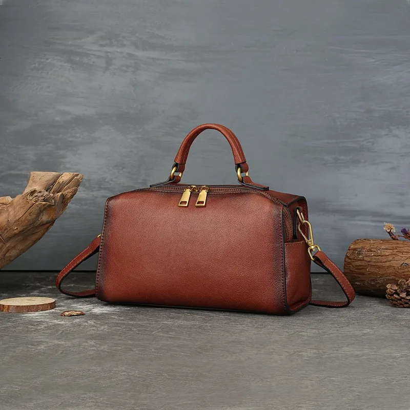 

Johnature 2025 New Genuine Leather Vintage Boston Pillow Bag Commuter Large Capacity Women's Handbag Versatile Shoulder Bag