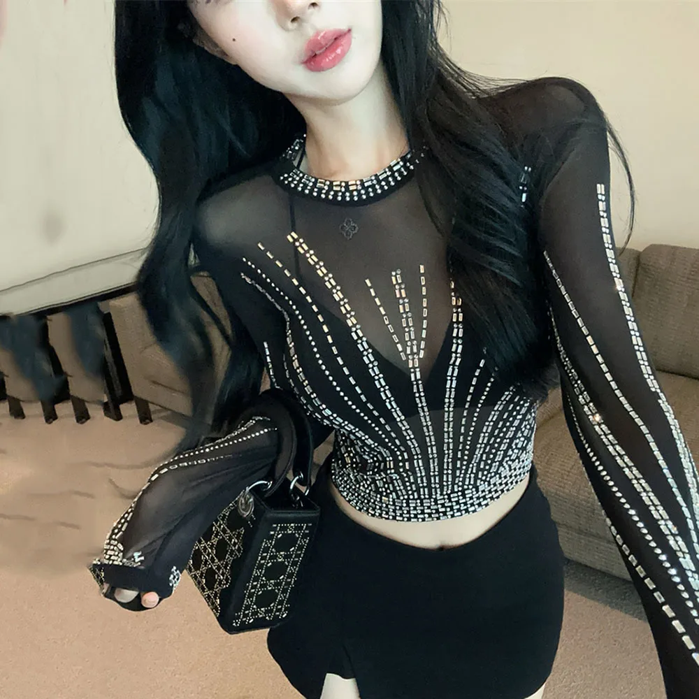 Ladies Tee Fashion Beaded Elastic Crop Tops Contrast Long Sleeve Sunscreen T Shirts for Women Black Perspective Sexy Top Female