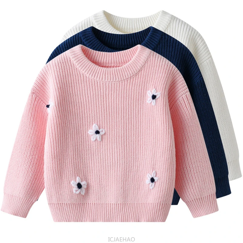 

2025 Children Costumes Japanese Korean Hand Embroidered Floral Baby Kids Knit Sweater Holiday Thermal Top Solid Color Clothes