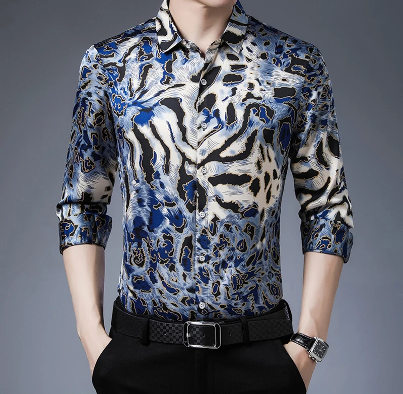 Sexy Leopard Print Silk Like Shirt Men 2023 Luxury Brand New Slim Fit Stain Dress Shirts Mens Party Prom Wedding Chemise Homme