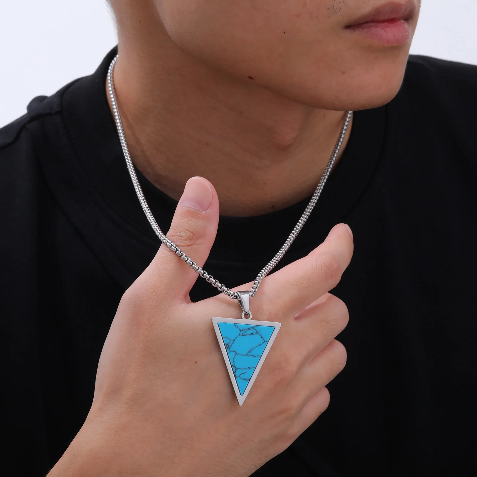 Vnox Inverted Triangle Pendant Necklace for Men Women, Stainless Steel Geometric Pendant with Natural Stone, Simple Cool Jewelry