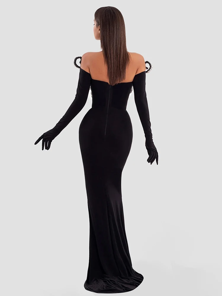 VC Women\'S Elegant Party Dresses V Neck Crystal Design Black Velvet Maxi Long Luxury Gowns With Gloves Female Clothing