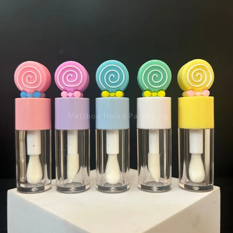 

50Pcs New Design 4ML Cute Candy Shape Lid Empty Lip Gloss Bottle Custom Logo Big Brush Unique Fat Round Lipgloss Wand Tube