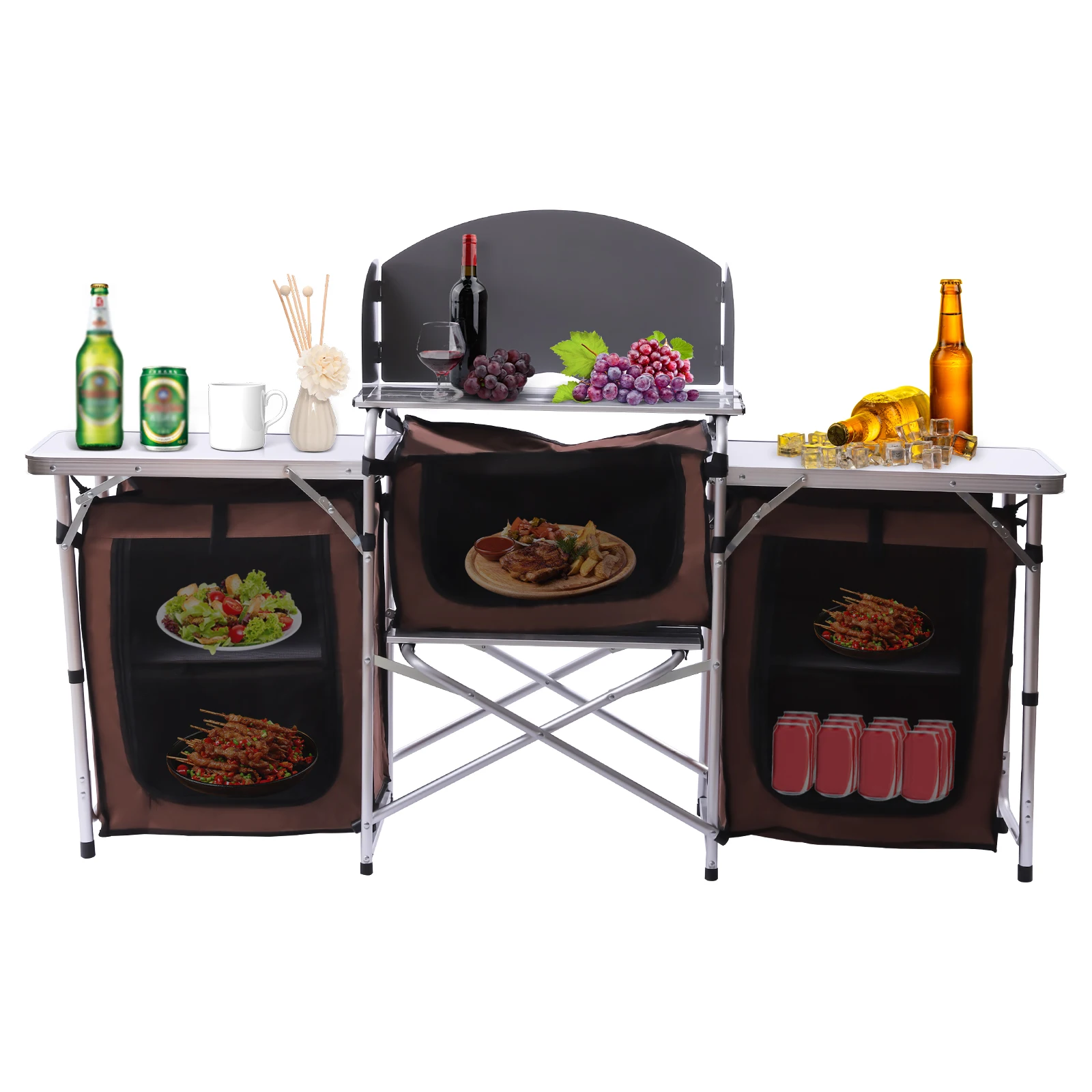 Folding Camping Kitchen Table with Storage and Tabletop 2 Side Tables Portable Outdoor Cooking Table with Detachable Windscreen