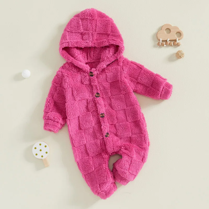 RUEWEY 0 to 12 Months Baby Girl Boy Fleece Romper Autumn Winter Warm Clothes Solid Color Long Sleeve Full Length Hooded Jumpsuit