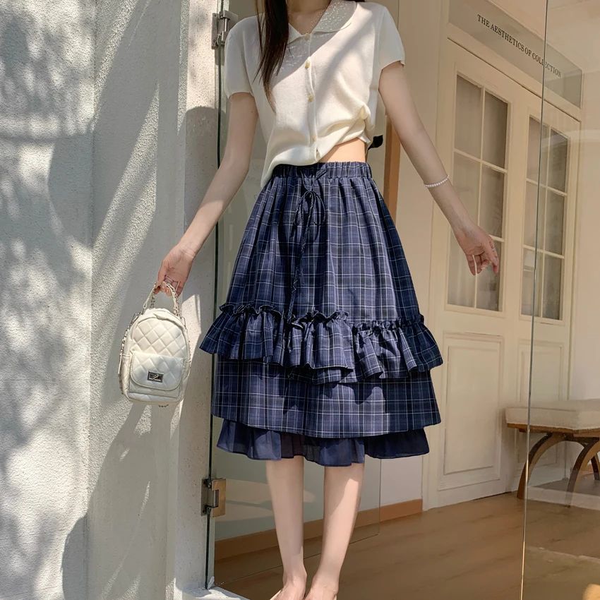 Retro Wood Grain Halter Neck  Dress Women's High Waist Plaid A-Line Skirt Slimming Midi Skirt for Spring Season