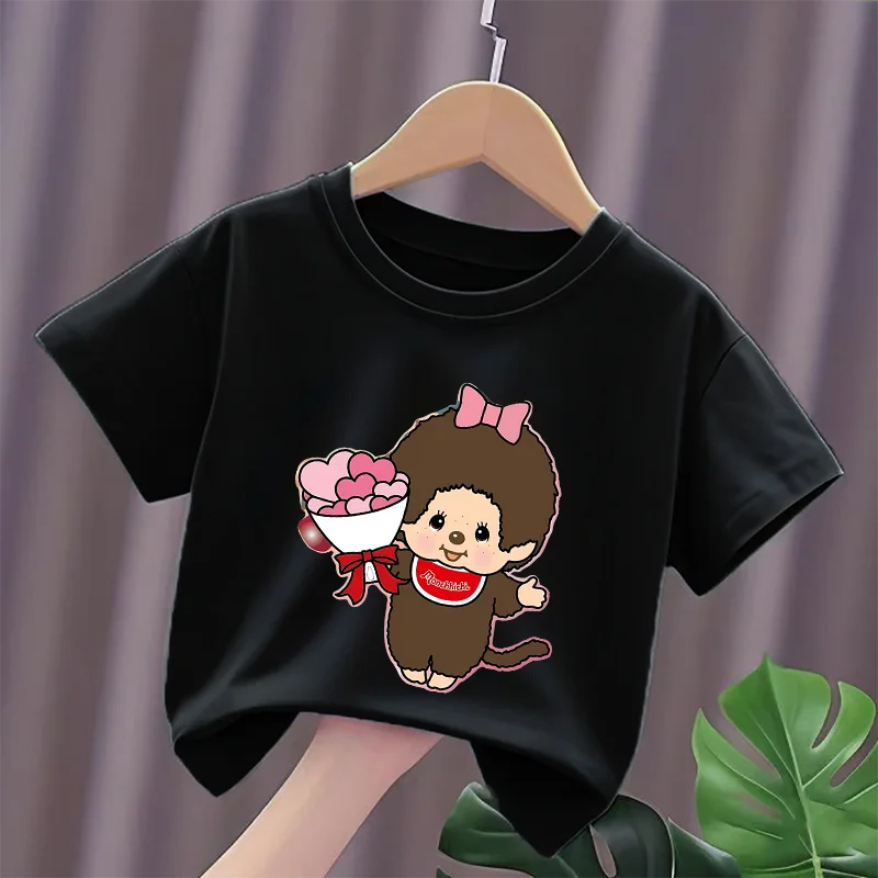 Monchhichi Children Short Sleeve T Shirt Anime Cartoon Print Cotton Tees Girls Kawaii Summer Casual Crew Neck Tops Kids Gifts view 6
