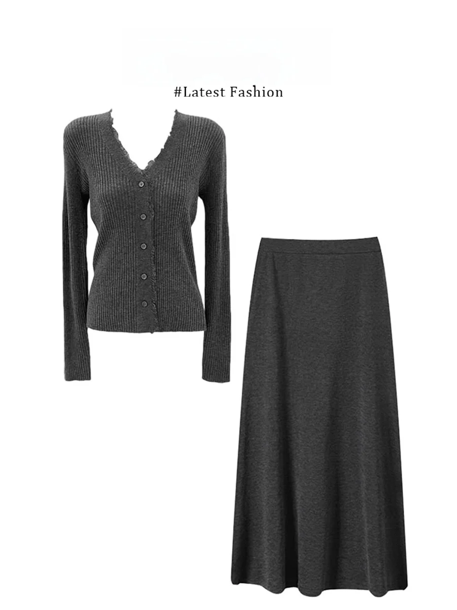 

Casual V-Neck Knitted Open Cardigan And High Waist Skirt Two-Piece Set for Young Women Autumn Fashion Ensemble