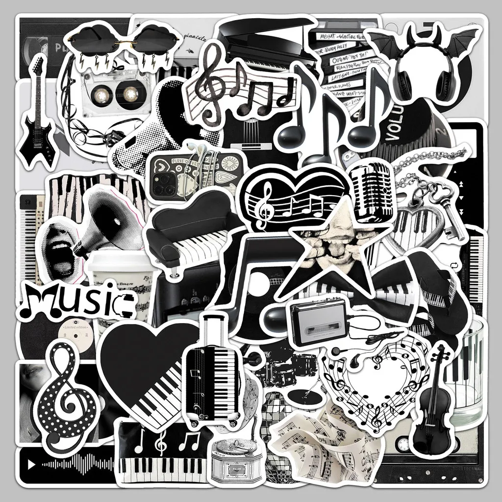 50-Pcs Black & White Music INS-Style Stickers Creative Decals for Phone Cases, Journals & Musical Instruments