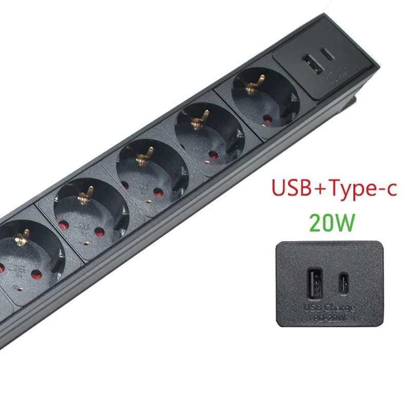 Tira de alimentación PDU para gabinete de red, USB + tipo C, 2/3/4/5/6/7 vías, enchufe europeo con interruptor, amperímetro, voltímetro, interfaz C14