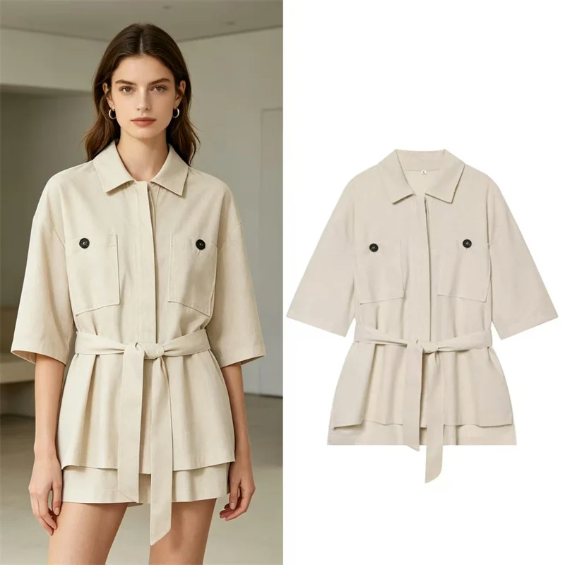 

Women's Jacket 2026 New Linen Blend Waist-Cinched Casual Lapel Belt Cotton Long Sleeve Classic Elegant and Stylish Women's Top