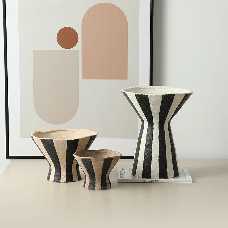 Ceramic Vase Geometric Striped Flowerpot Tray Desktop Storage Container Flower Vase Open Flowerpot Home Decoration Accessories
